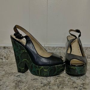 Green snake skin platform block heel